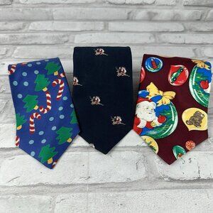 Christmas Holiday Neck Ties Lot of 3 Ornaments Candy Canes Trees Santa Reindeer